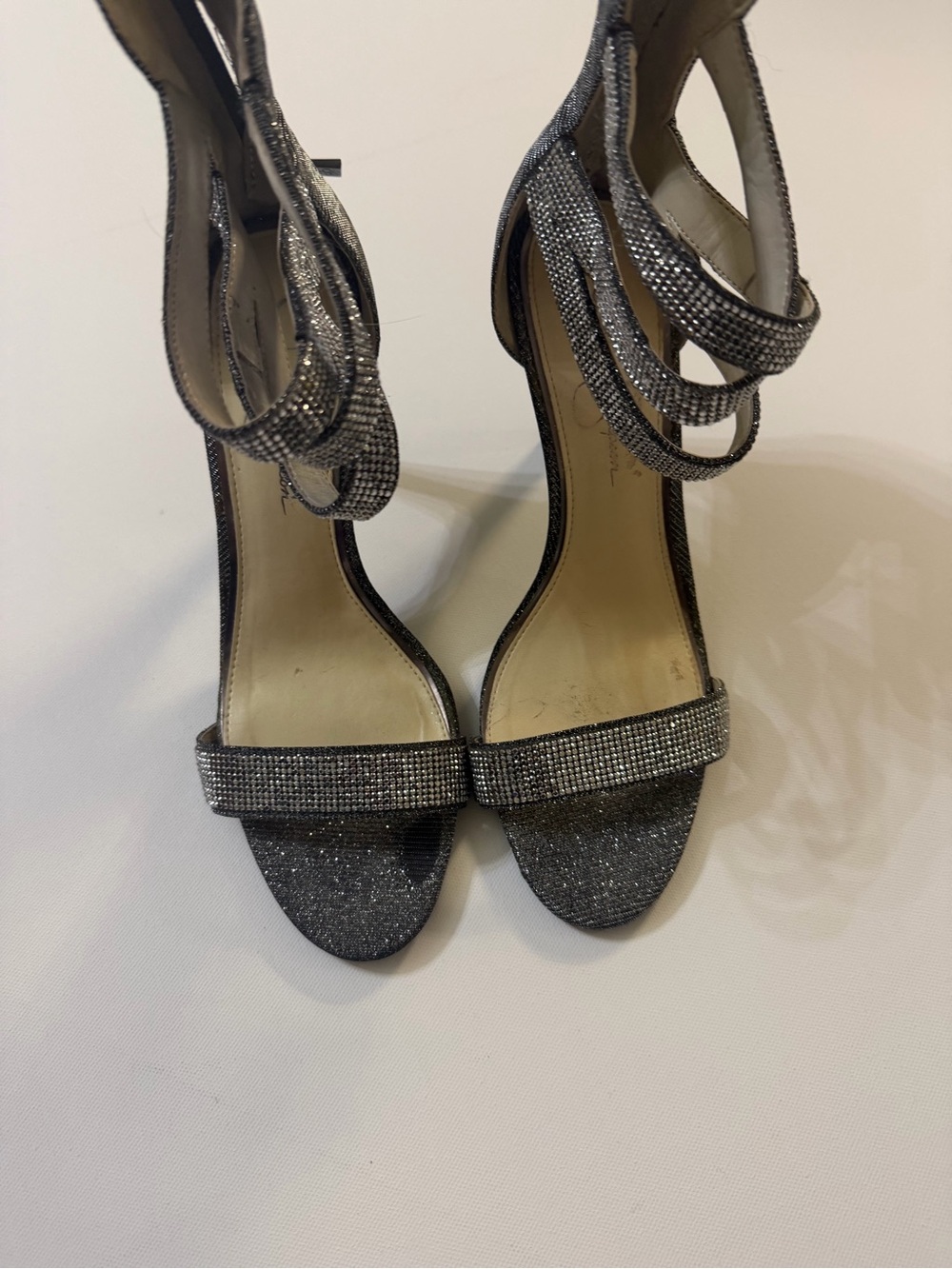 Jessica Simpson Silver Glitter Rhinestone Ankle-Strap Heels